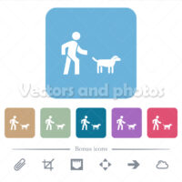 Dog walking flat icons on color rounded square backgrounds