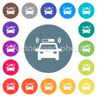 Flashing police car flat white icons on round color backgrounds