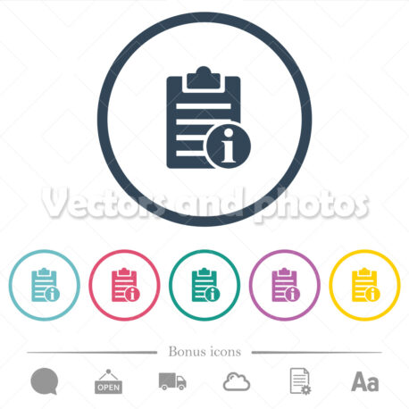 Note info flat color icons in round outlines - Vectors and Photos
